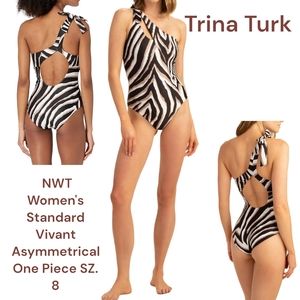 Trina Turk VIVANT ONE SHOULDER black tan white Asymmetrical One Piece swim suit